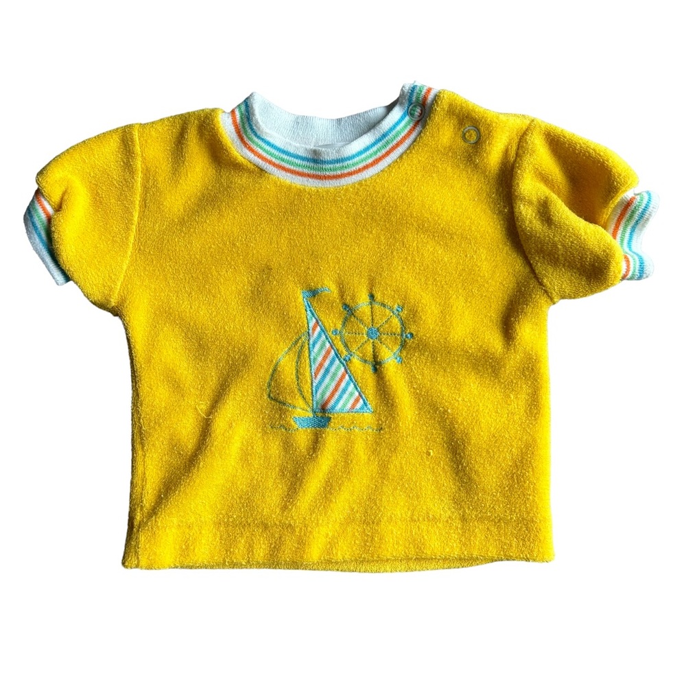 Vintage Healthtex 6M Yellow Terry Cloth Top Shirt Sailboat Summer Short Sleeve